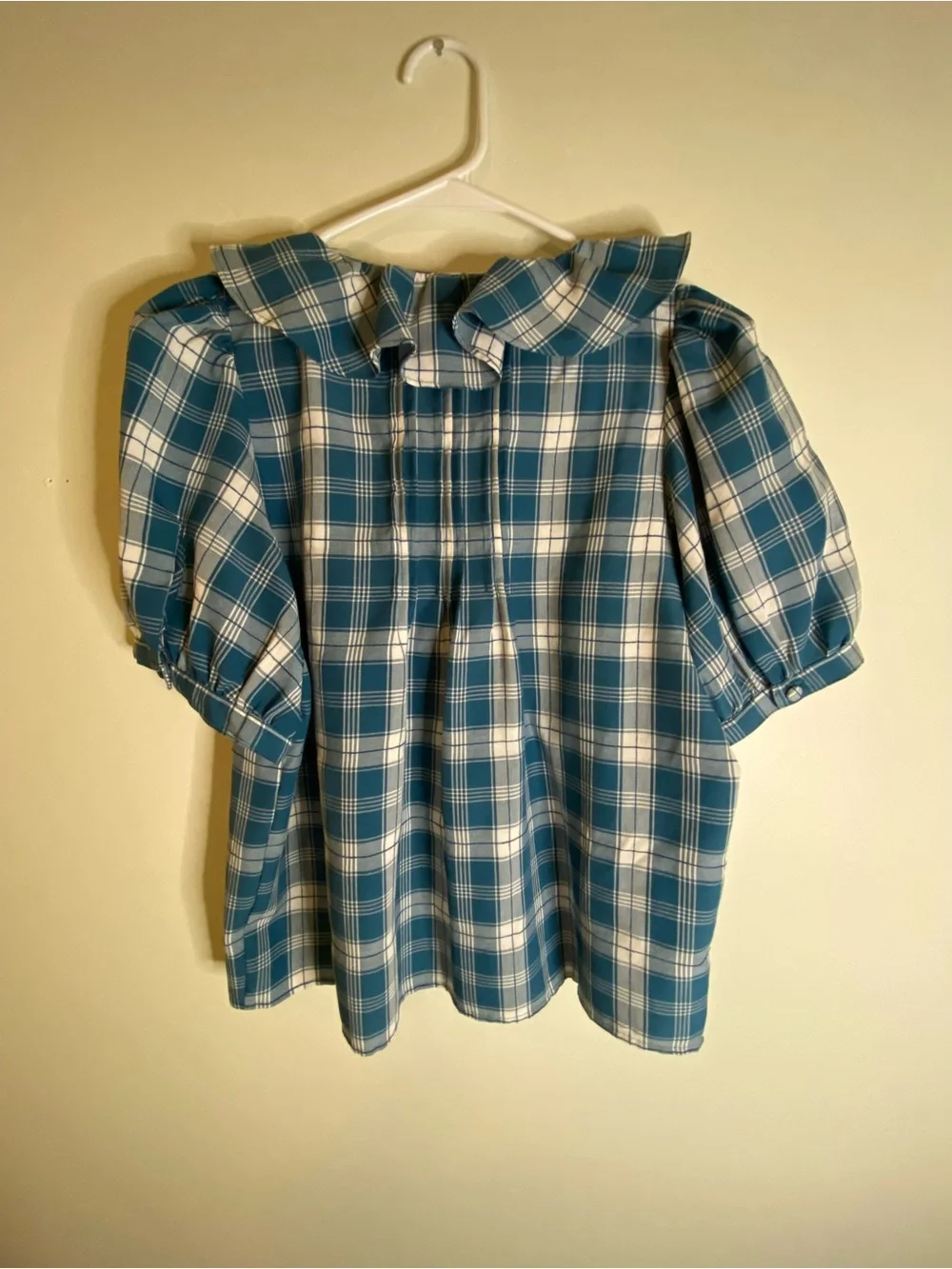 LOFT Teal and White Plaid Ruffle V-Neck Puff Sleeve Blouse